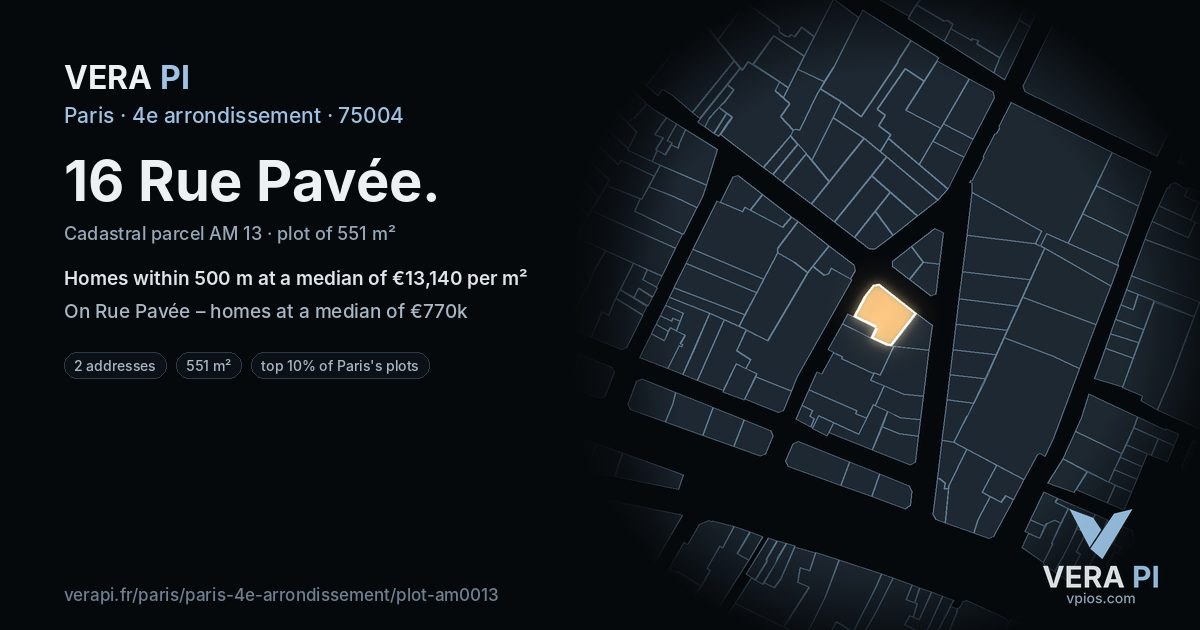 16 Rue Pavée, 4e arrondissement at night – the plot lit, the parcels around coloured by the prices near them