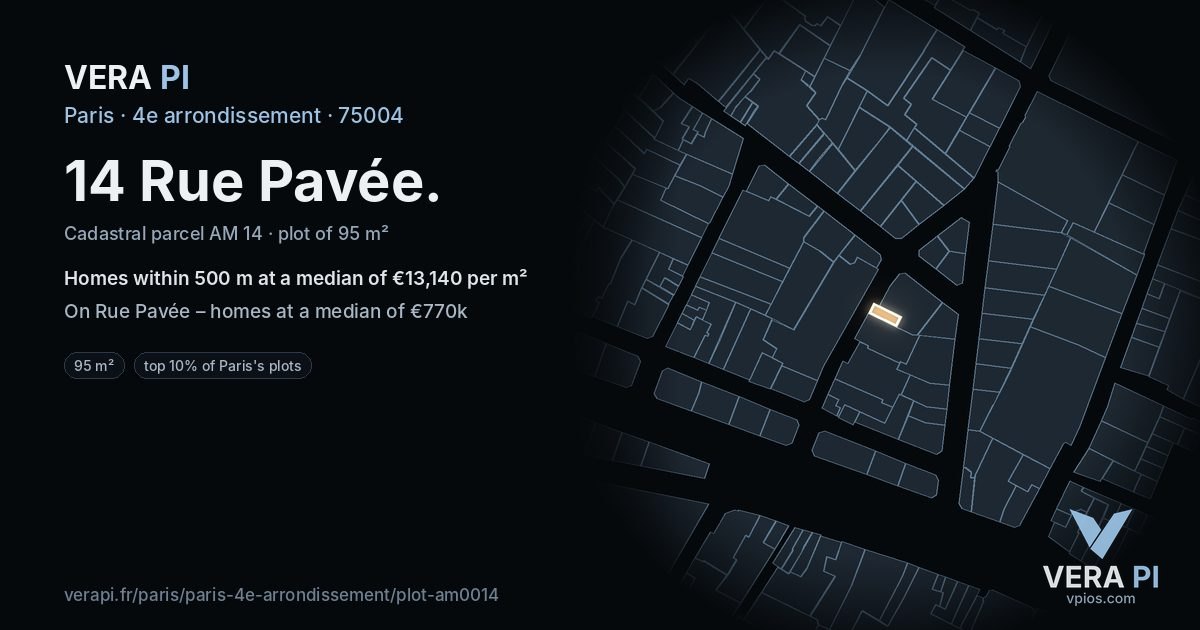14 Rue Pavée, 4e arrondissement at night – the plot lit, the parcels around coloured by the prices near them