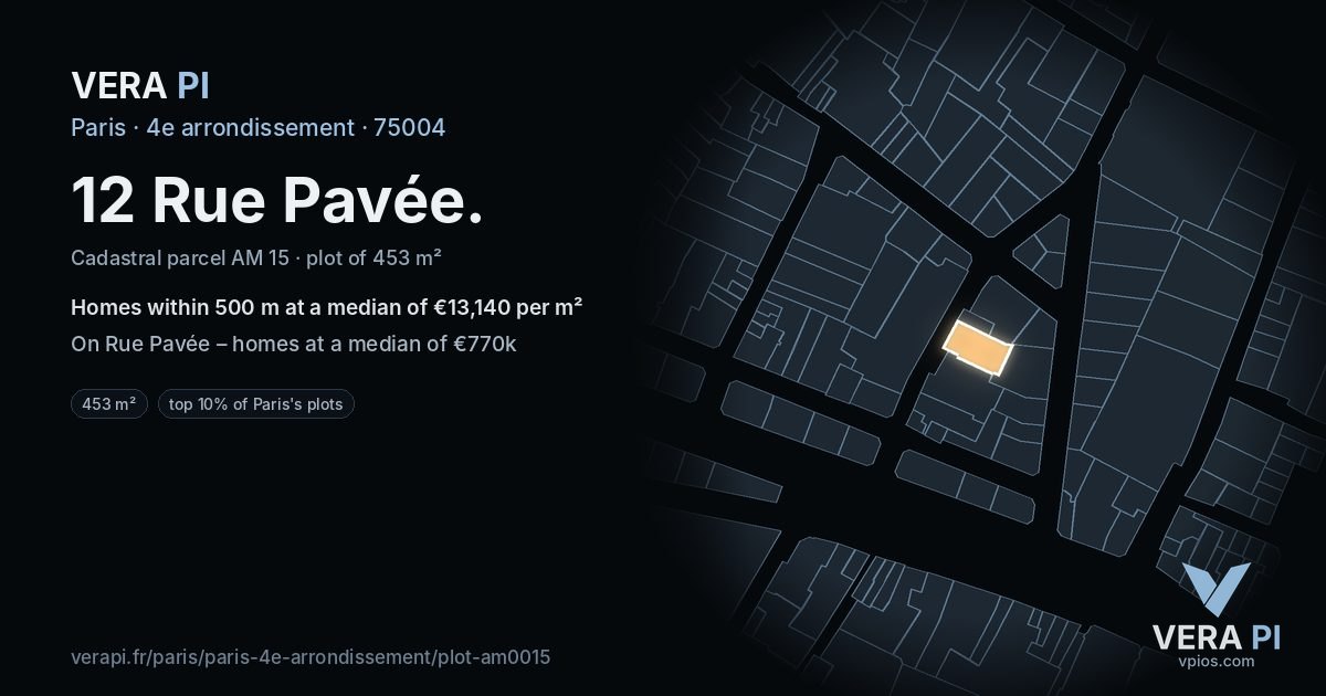 12 Rue Pavée, 4e arrondissement at night – the plot lit, the parcels around coloured by the prices near them