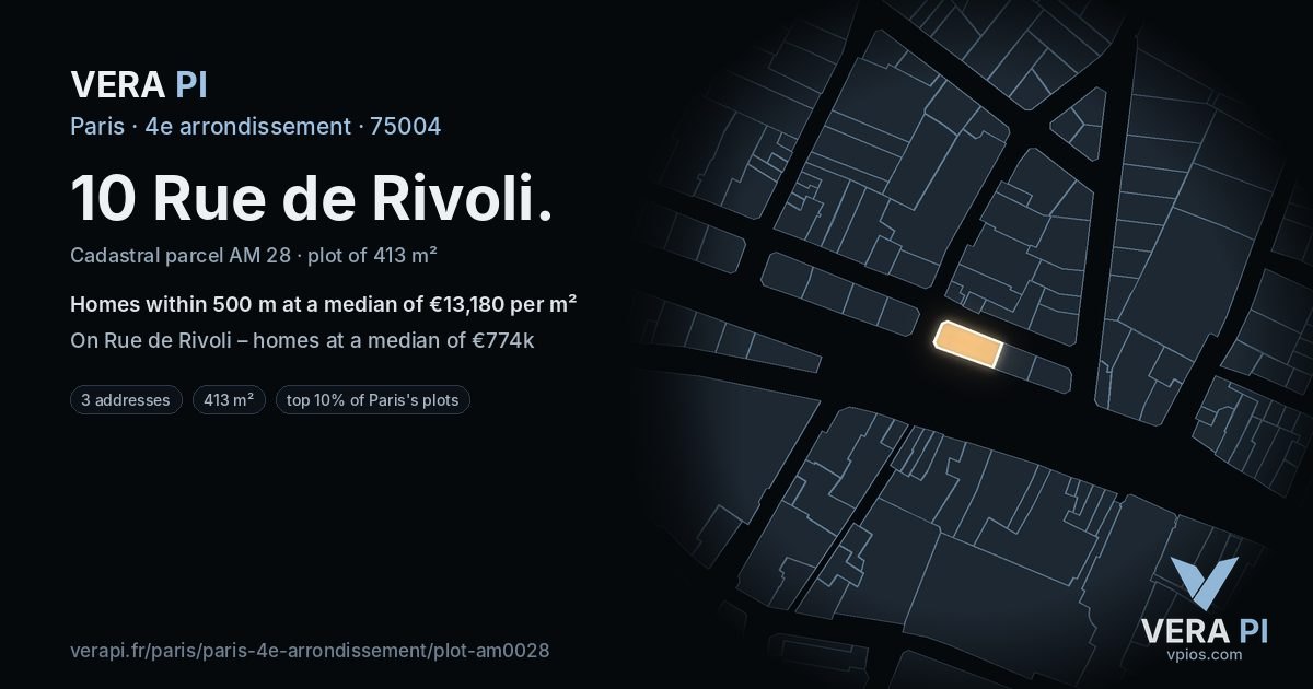 10 Rue de Rivoli, 4e arrondissement at night – the plot lit, the parcels around coloured by the prices near them