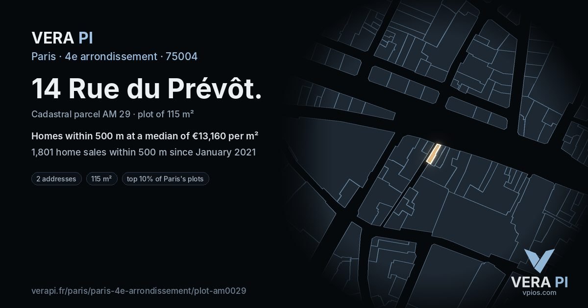 14 Rue du Prévôt, 4e arrondissement at night – the plot lit, the parcels around coloured by the prices near them