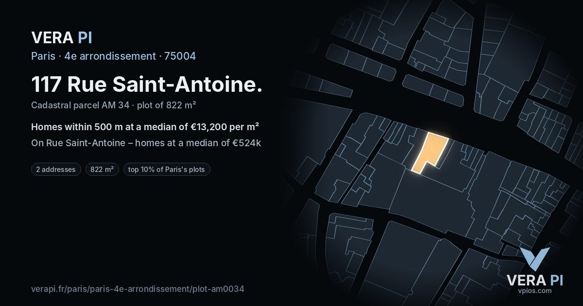 117 Rue Saint-Antoine, 4e arrondissement at night – the plot lit, the parcels around coloured by the prices near them