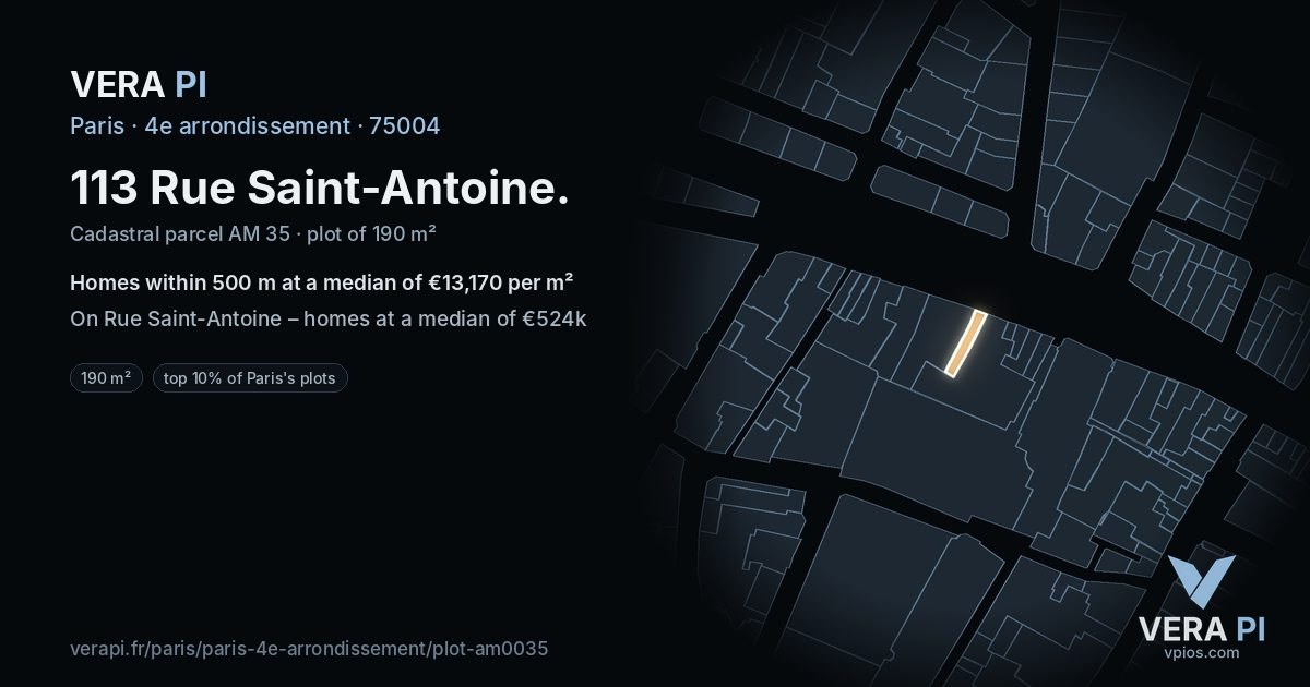 113 Rue Saint-Antoine, 4e arrondissement at night – the plot lit, the parcels around coloured by the prices near them