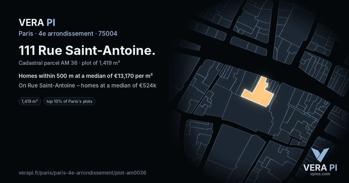 111 Rue Saint-Antoine, 4e arrondissement at night – the plot lit, the parcels around coloured by the prices near them