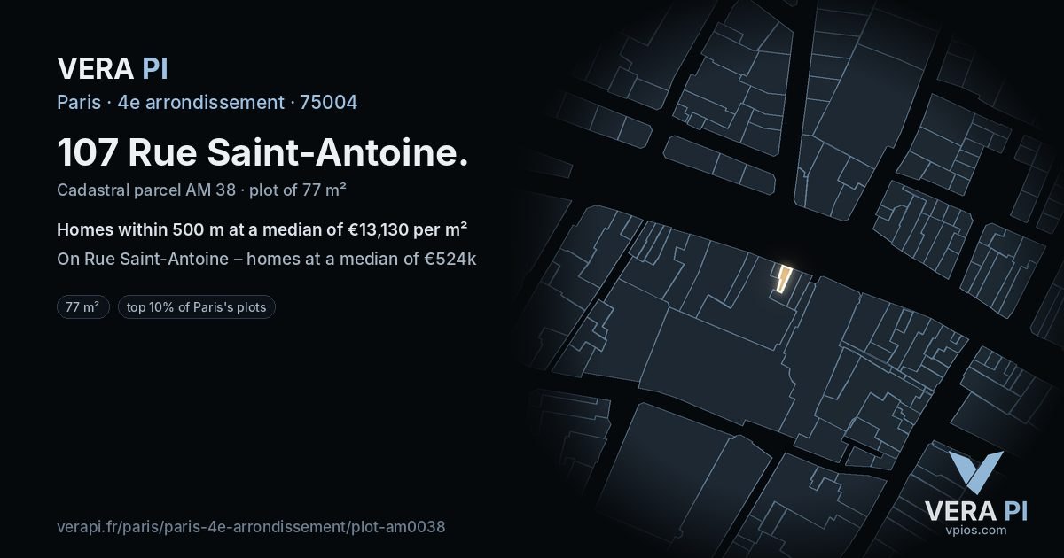 107 Rue Saint-Antoine, 4e arrondissement at night – the plot lit, the parcels around coloured by the prices near them