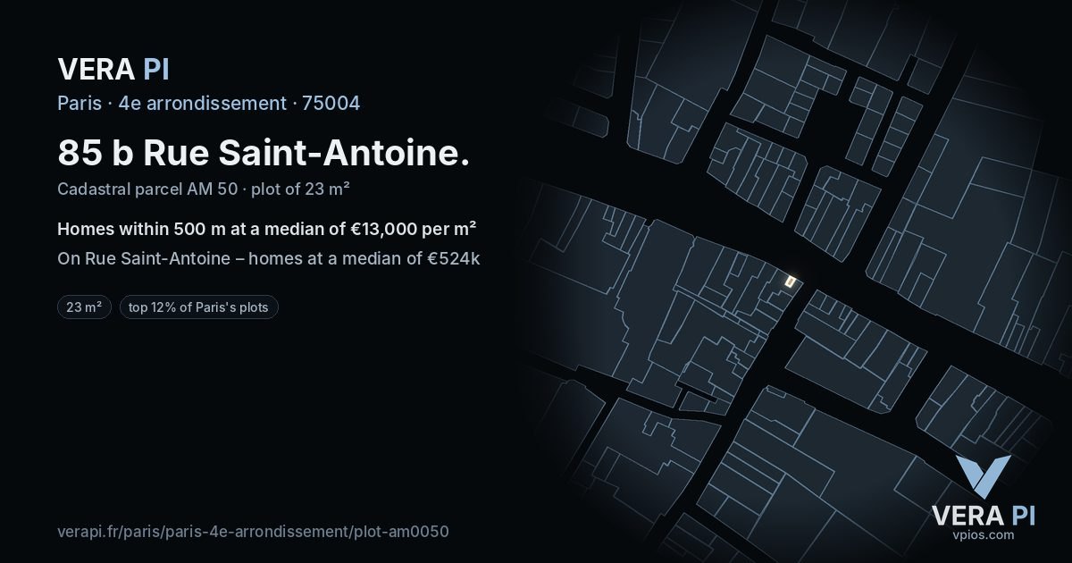 85 b Rue Saint-Antoine, 4e arrondissement at night – the plot lit, the parcels around coloured by the prices near them
