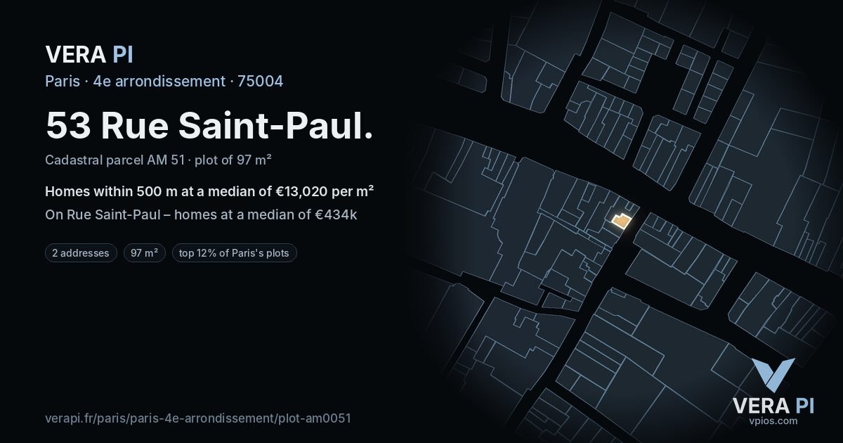 53 Rue Saint-Paul, 4e arrondissement at night – the plot lit, the parcels around coloured by the prices near them