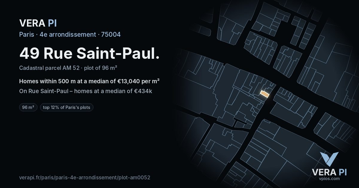 49 Rue Saint-Paul, 4e arrondissement at night – the plot lit, the parcels around coloured by the prices near them