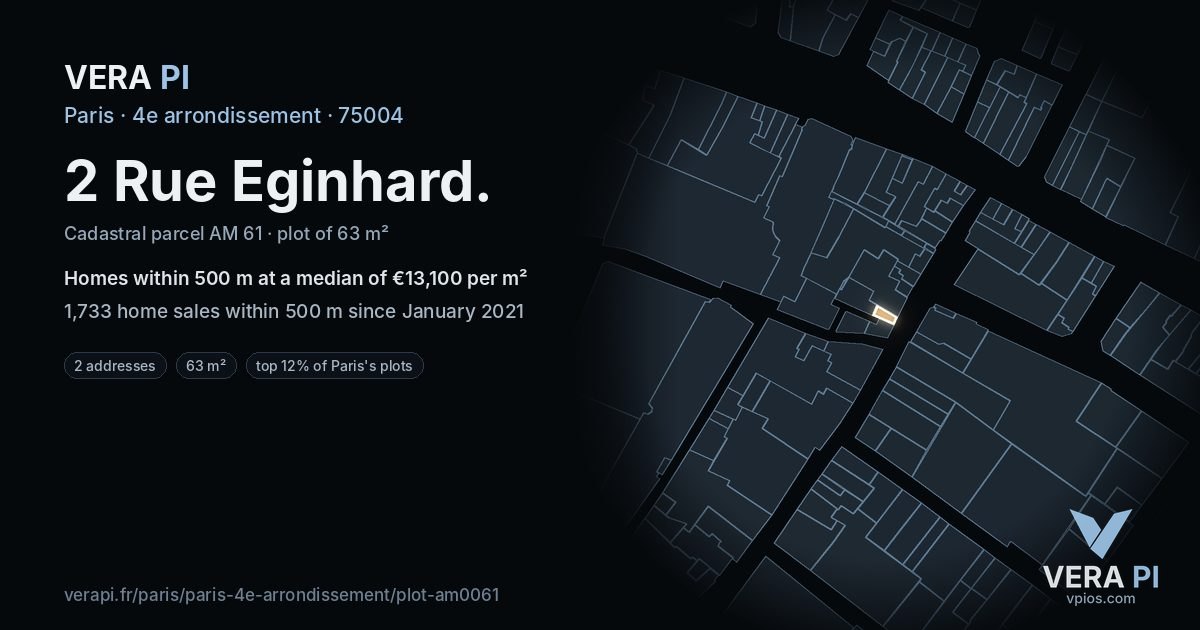 2 Rue Eginhard, 4e arrondissement at night – the plot lit, the parcels around coloured by the prices near them