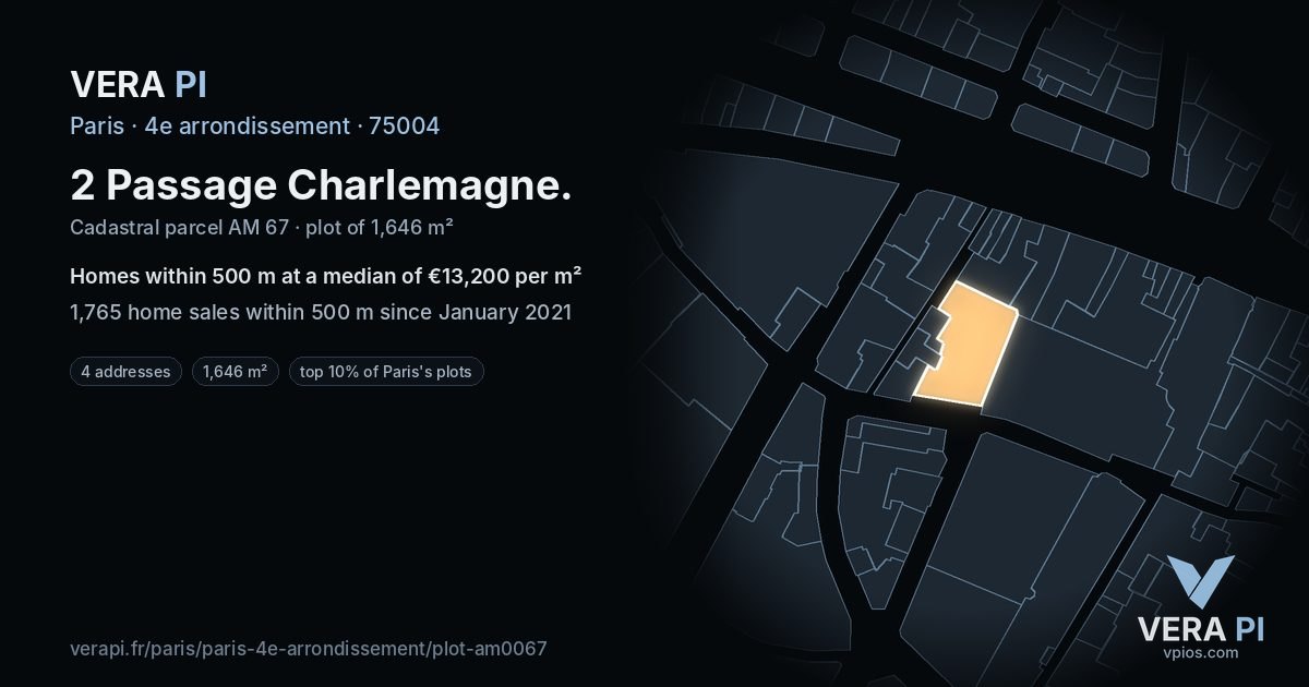 2 Passage Charlemagne, 4e arrondissement at night – the plot lit, the parcels around coloured by the prices near them