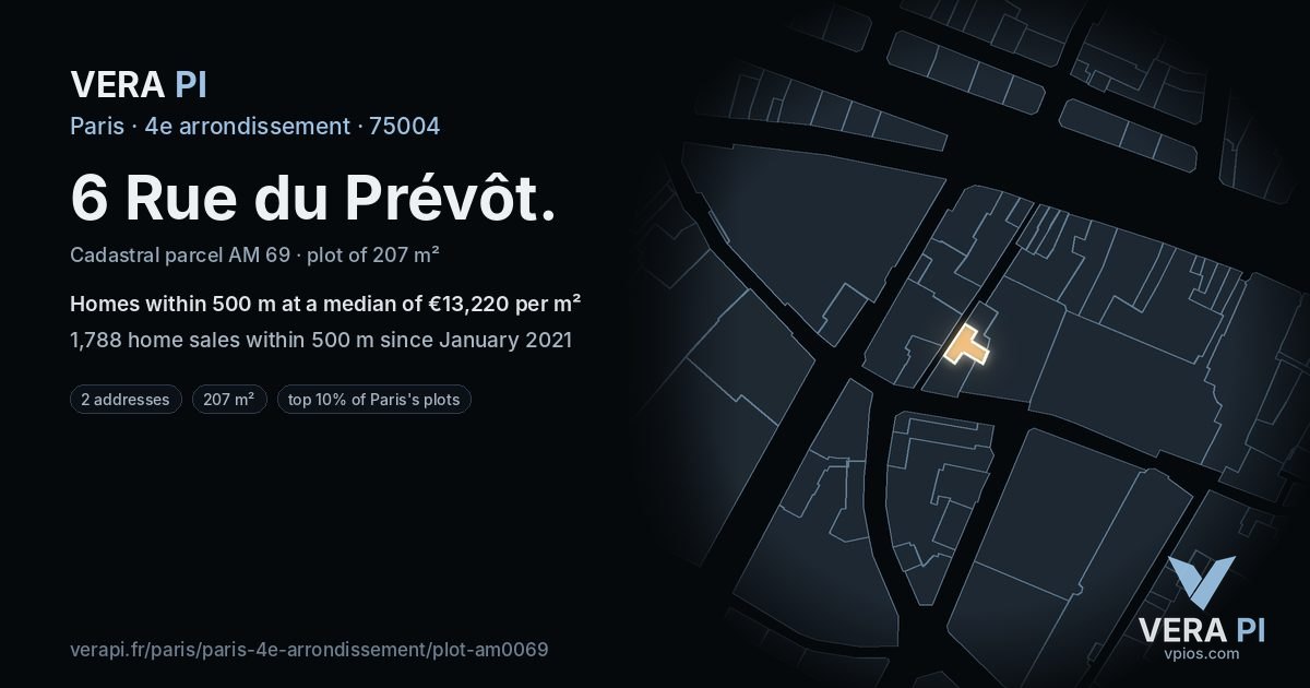 6 Rue du Prévôt, 4e arrondissement at night – the plot lit, the parcels around coloured by the prices near them