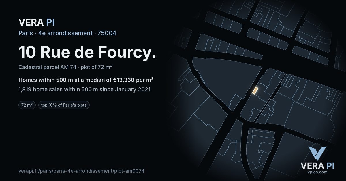 10 Rue de Fourcy, 4e arrondissement at night – the plot lit, the parcels around coloured by the prices near them