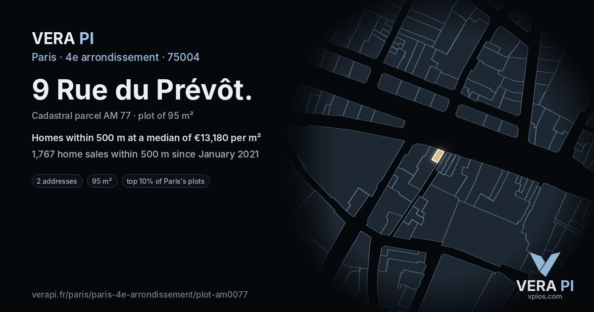 9 Rue du Prévôt, 4e arrondissement at night – the plot lit, the parcels around coloured by the prices near them