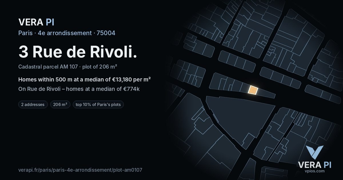 3 Rue de Rivoli, 4e arrondissement at night – the plot lit, the parcels around coloured by the prices near them