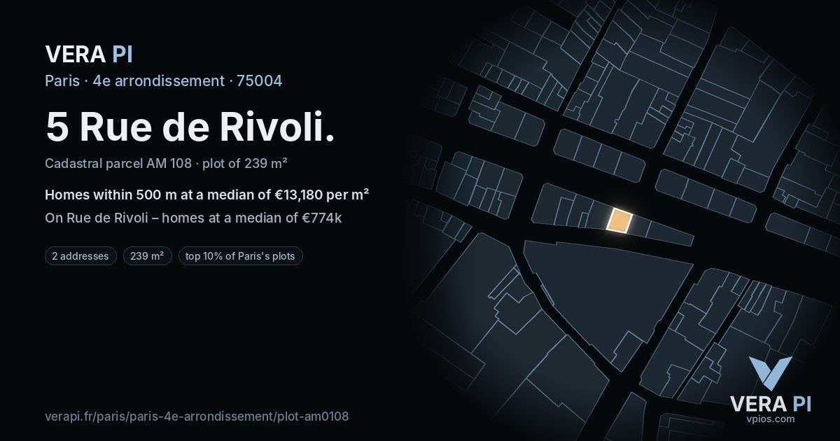 5 Rue de Rivoli, 4e arrondissement at night – the plot lit, the parcels around coloured by the prices near them