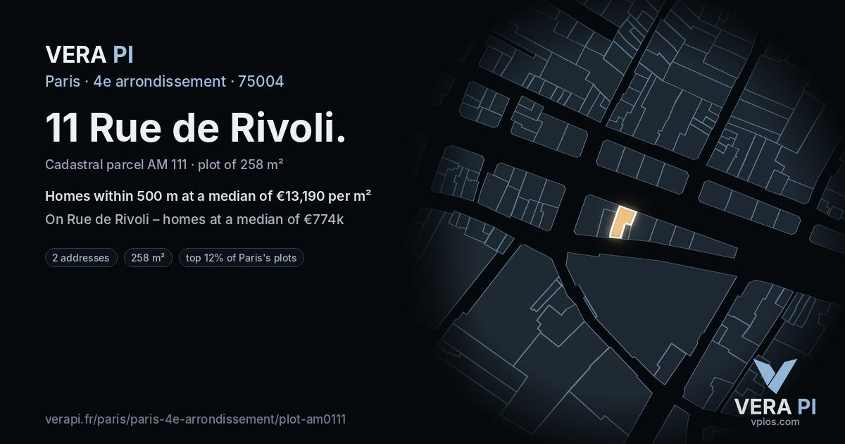 11 Rue de Rivoli, 4e arrondissement at night – the plot lit, the parcels around coloured by the prices near them