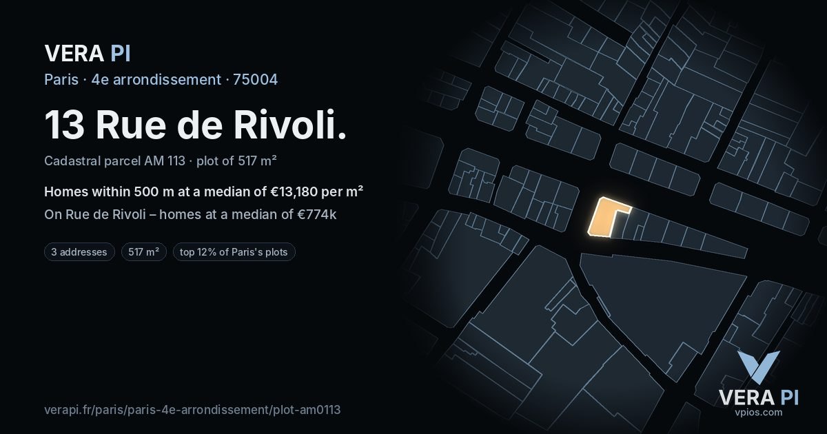 13 Rue de Rivoli, 4e arrondissement at night – the plot lit, the parcels around coloured by the prices near them