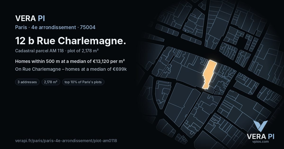 12 b Rue Charlemagne, 4e arrondissement at night – the plot lit, the parcels around coloured by the prices near them