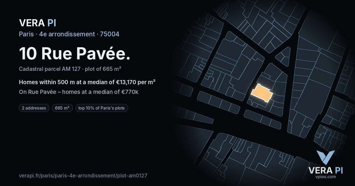 10 Rue Pavée, 4e arrondissement at night – the plot lit, the parcels around coloured by the prices near them