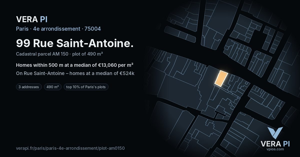 99 Rue Saint-Antoine, 4e arrondissement at night – the plot lit, the parcels around coloured by the prices near them