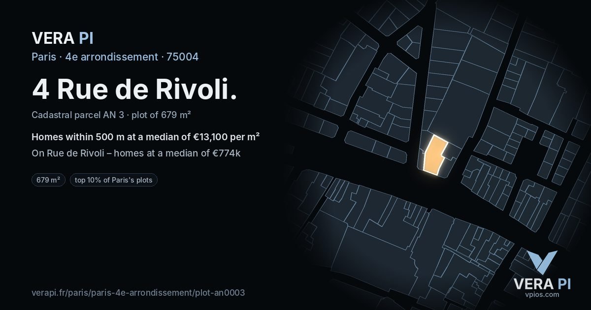 4 Rue de Rivoli, 4e arrondissement at night – the plot lit, the parcels around coloured by the prices near them