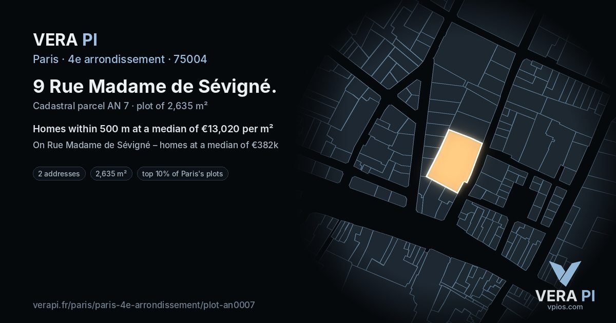 9 Rue Madame de Sévigné, 4e arrondissement at night – the plot lit, the parcels around coloured by the prices near them