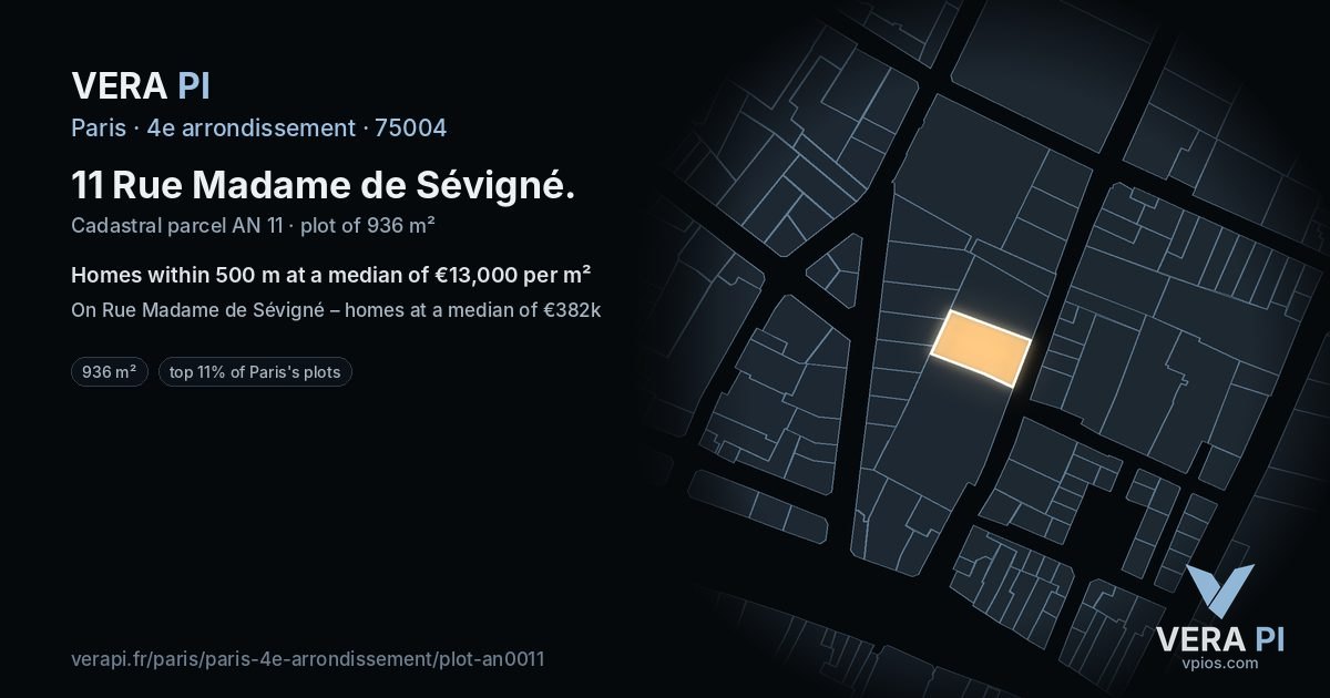 11 Rue Madame de Sévigné, 4e arrondissement at night – the plot lit, the parcels around coloured by the prices near them