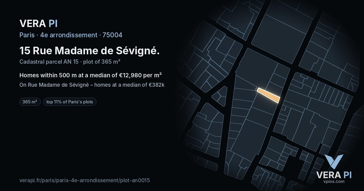 15 Rue Madame de Sévigné, 4e arrondissement at night – the plot lit, the parcels around coloured by the prices near them