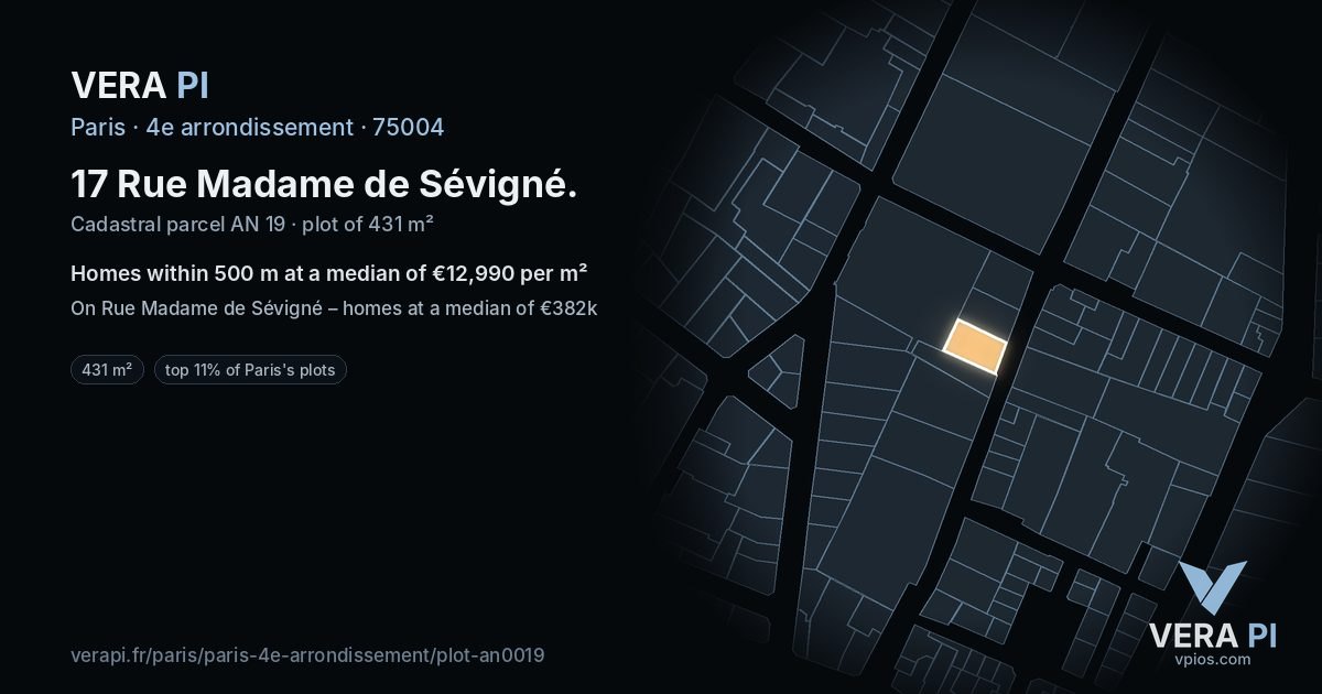17 Rue Madame de Sévigné, 4e arrondissement at night – the plot lit, the parcels around coloured by the prices near them