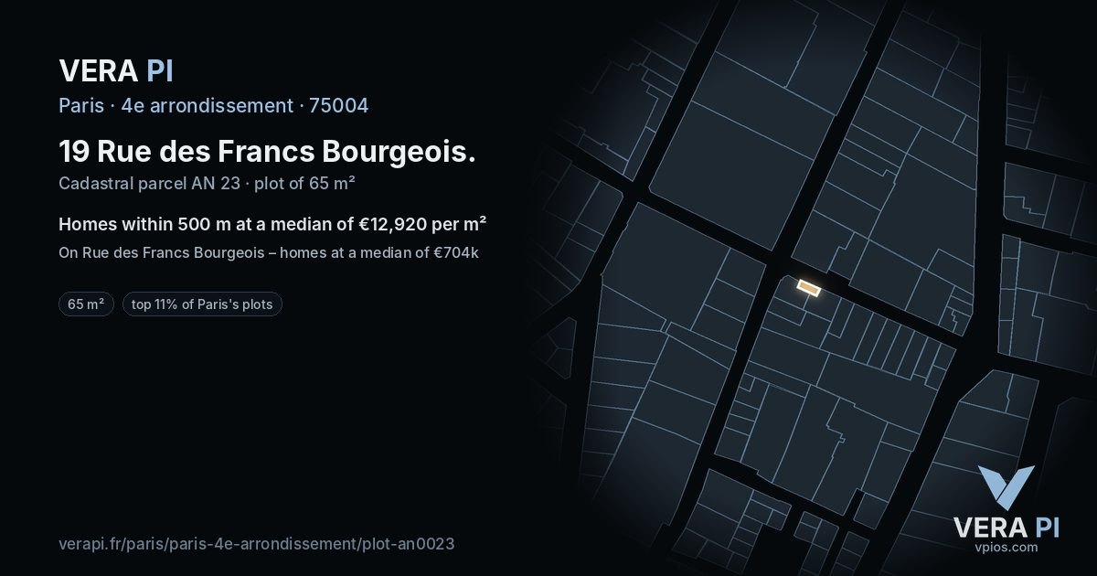 19 Rue des Francs Bourgeois, 4e arrondissement at night – the plot lit, the parcels around coloured by the prices near them
