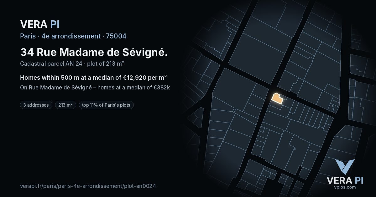 34 Rue Madame de Sévigné, 4e arrondissement at night – the plot lit, the parcels around coloured by the prices near them