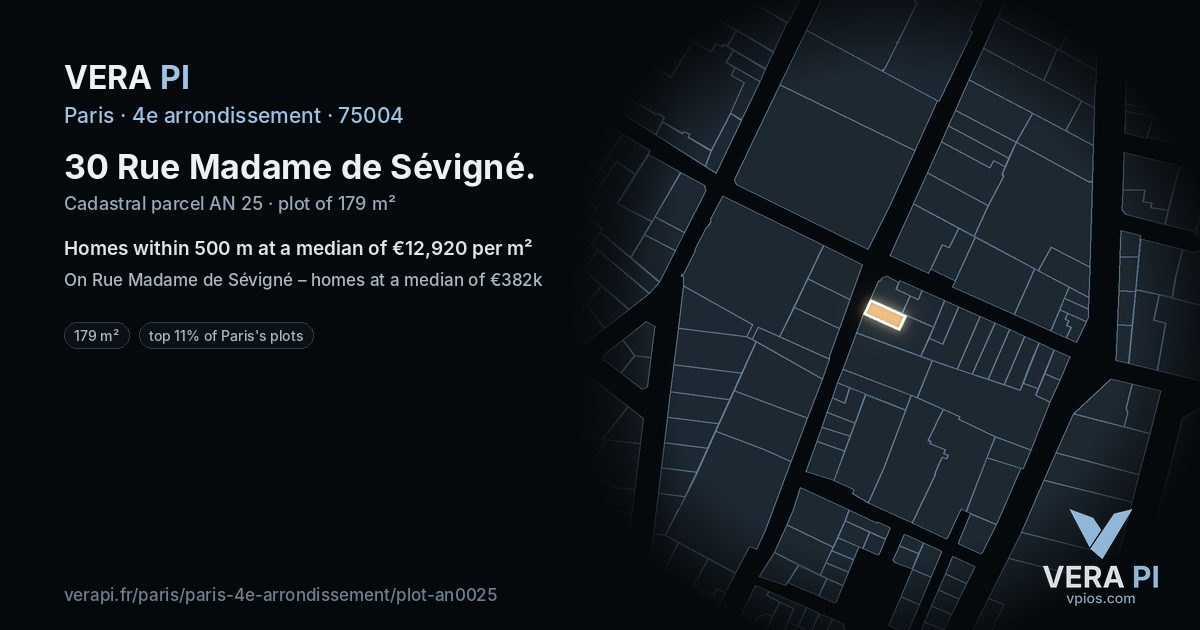 30 Rue Madame de Sévigné, 4e arrondissement at night – the plot lit, the parcels around coloured by the prices near them