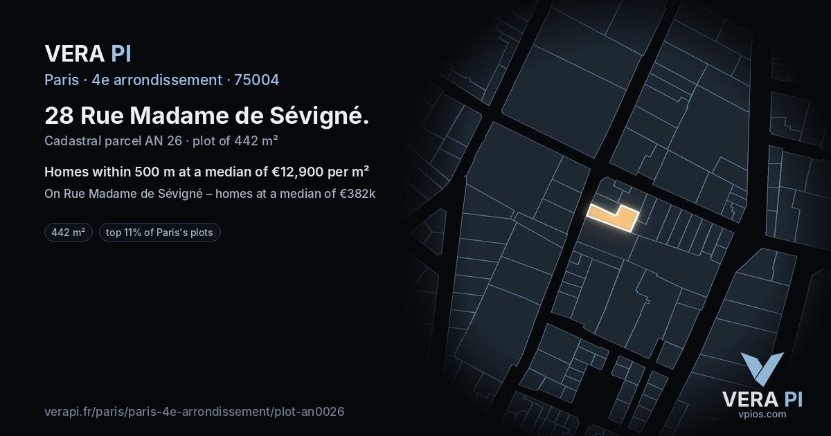28 Rue Madame de Sévigné, 4e arrondissement at night – the plot lit, the parcels around coloured by the prices near them