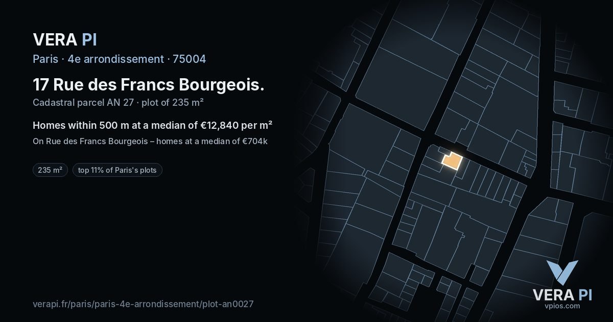 17 Rue des Francs Bourgeois, 4e arrondissement at night – the plot lit, the parcels around coloured by the prices near them