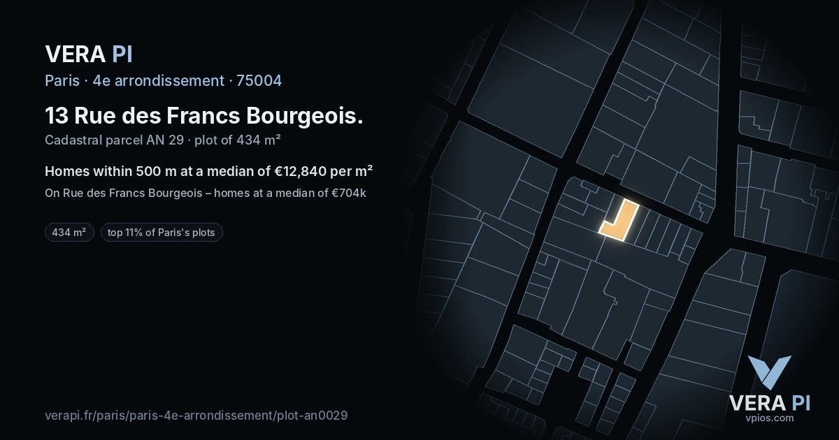 13 Rue des Francs Bourgeois, 4e arrondissement at night – the plot lit, the parcels around coloured by the prices near them