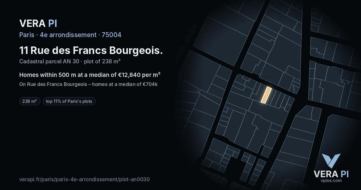 11 Rue des Francs Bourgeois, 4e arrondissement at night – the plot lit, the parcels around coloured by the prices near them