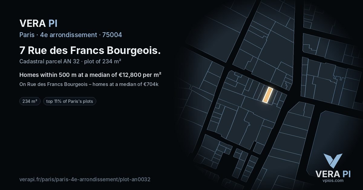 7 Rue des Francs Bourgeois, 4e arrondissement at night – the plot lit, the parcels around coloured by the prices near them