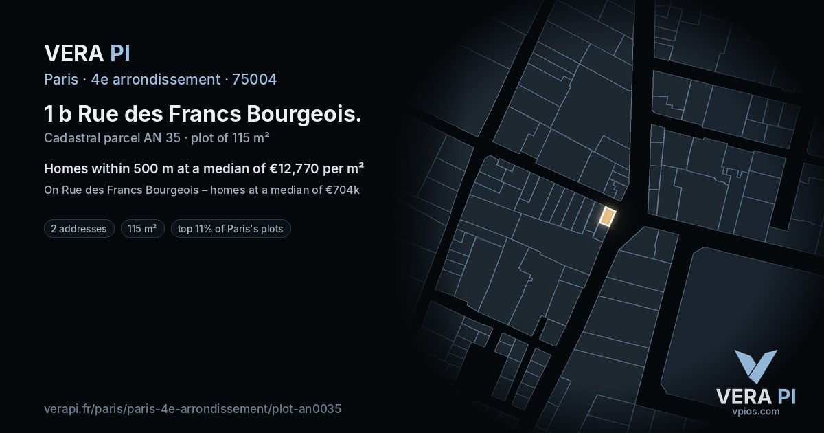 1 b Rue des Francs Bourgeois, 4e arrondissement at night – the plot lit, the parcels around coloured by the prices near them