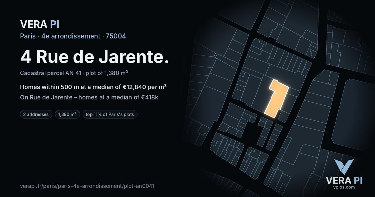 4 Rue de Jarente, 4e arrondissement at night – the plot lit, the parcels around coloured by the prices near them