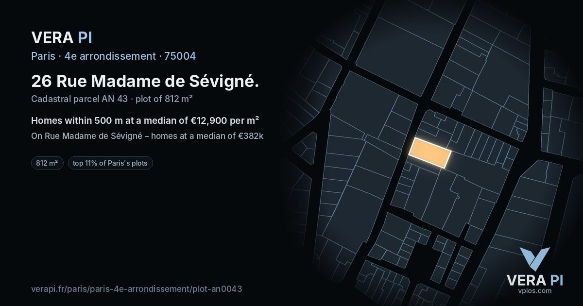 26 Rue Madame de Sévigné, 4e arrondissement at night – the plot lit, the parcels around coloured by the prices near them