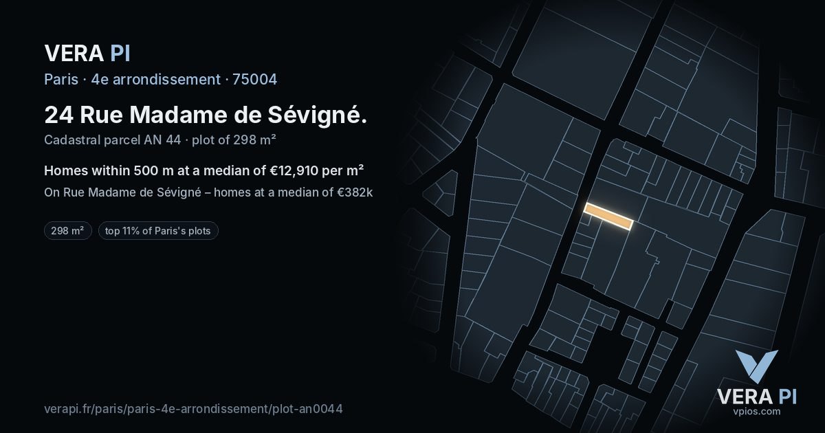 24 Rue Madame de Sévigné, 4e arrondissement at night – the plot lit, the parcels around coloured by the prices near them