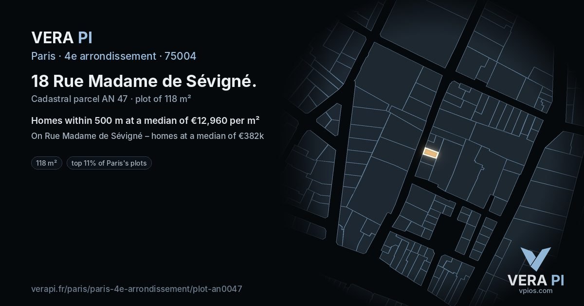 18 Rue Madame de Sévigné, 4e arrondissement at night – the plot lit, the parcels around coloured by the prices near them