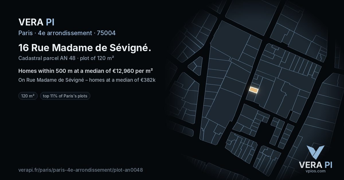 16 Rue Madame de Sévigné, 4e arrondissement at night – the plot lit, the parcels around coloured by the prices near them