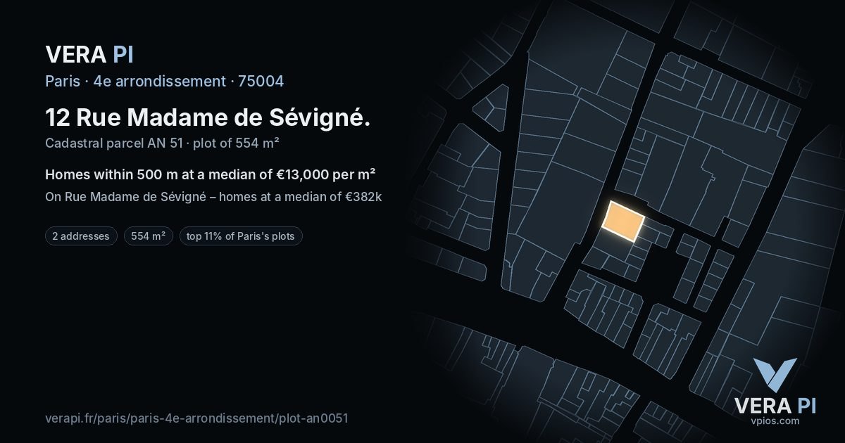 12 Rue Madame de Sévigné, 4e arrondissement at night – the plot lit, the parcels around coloured by the prices near them