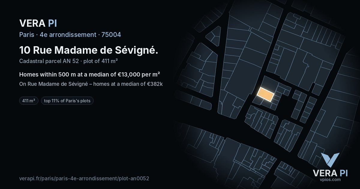 10 Rue Madame de Sévigné, 4e arrondissement at night – the plot lit, the parcels around coloured by the prices near them