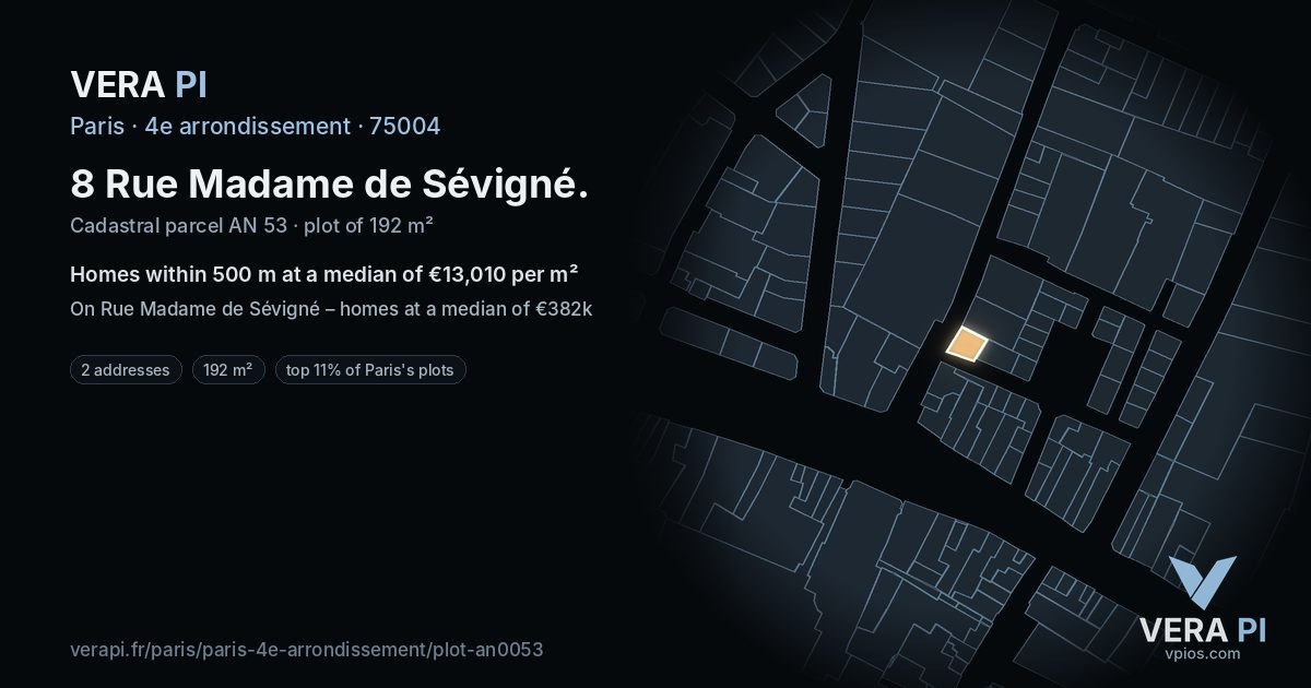 8 Rue Madame de Sévigné, 4e arrondissement at night – the plot lit, the parcels around coloured by the prices near them
