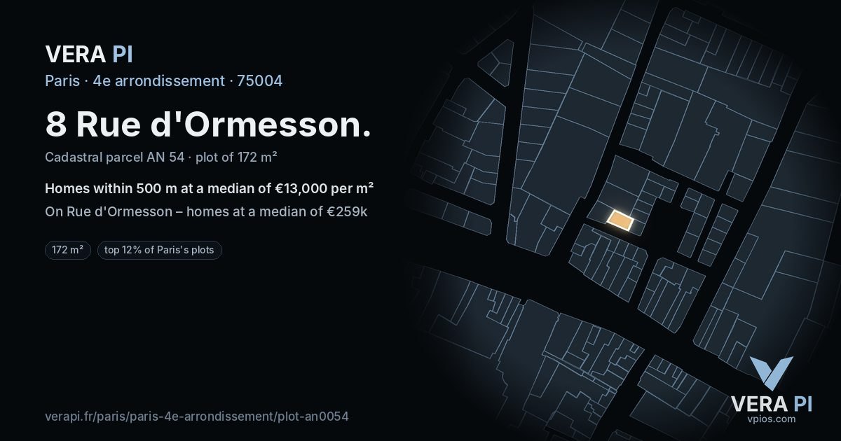 8 Rue d'Ormesson, 4e arrondissement at night – the plot lit, the parcels around coloured by the prices near them