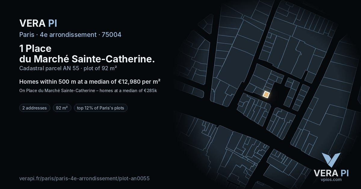 1 Place du Marché Sainte-Catherine, 4e arrondissement at night – the plot lit, the parcels around coloured by the prices near them
