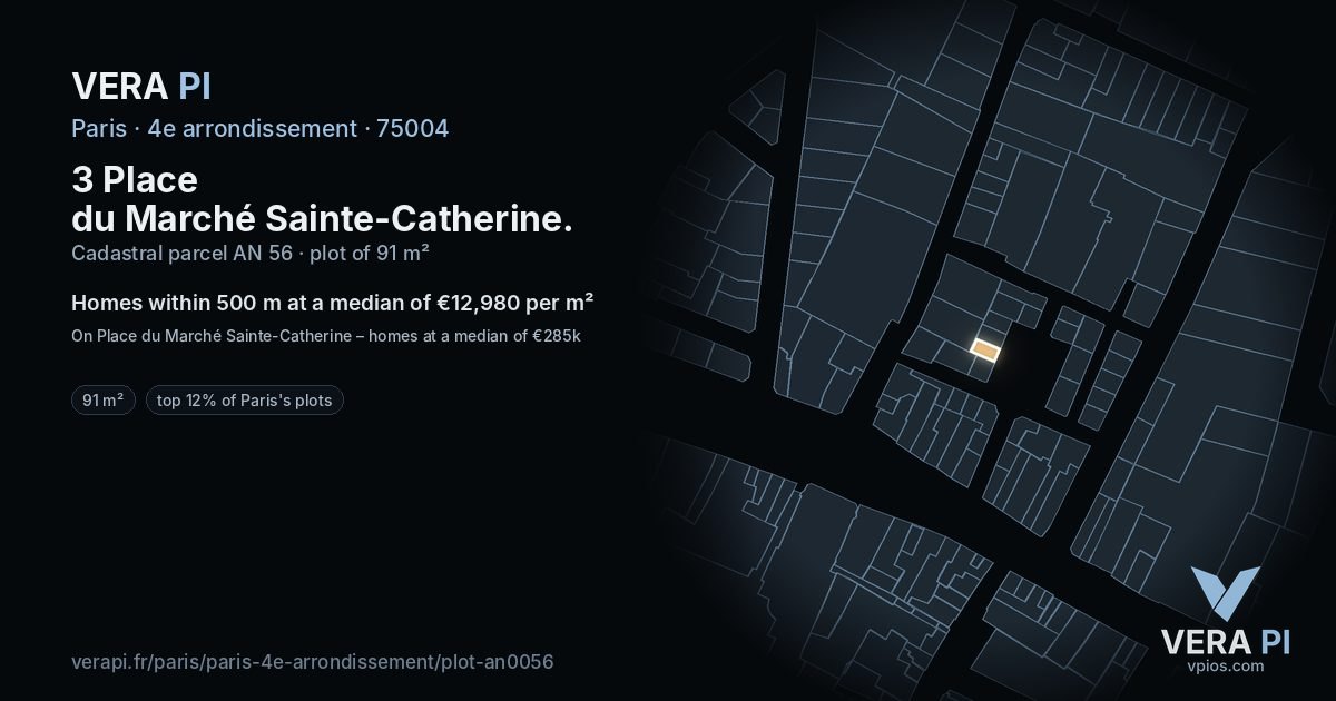 3 Place du Marché Sainte-Catherine, 4e arrondissement at night – the plot lit, the parcels around coloured by the prices near them