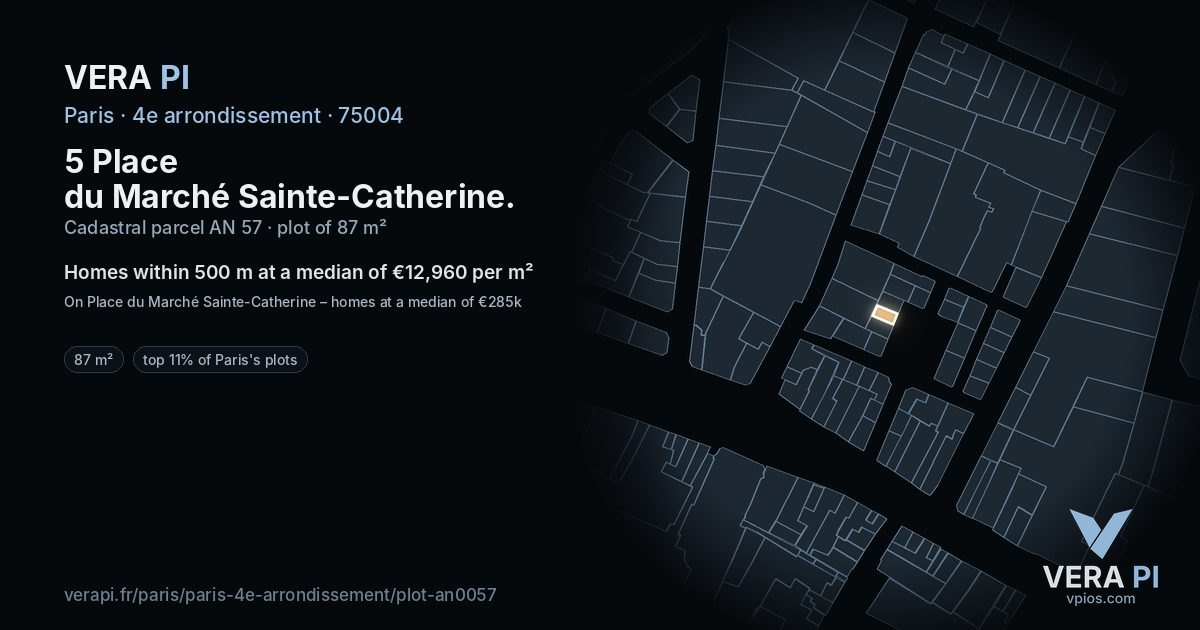 5 Place du Marché Sainte-Catherine, 4e arrondissement at night – the plot lit, the parcels around coloured by the prices near them